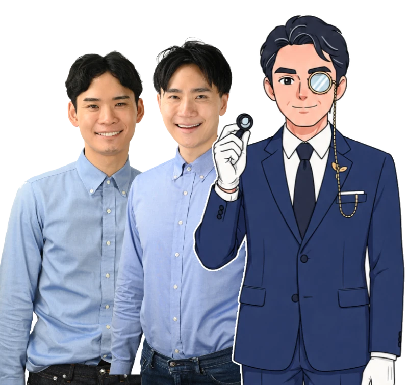 当店鑑定士二名の写真と当店イメージキャラクター